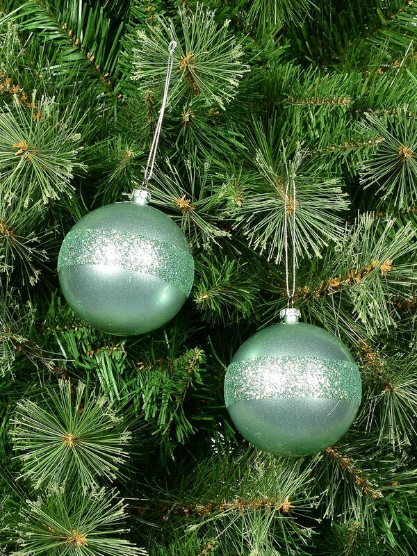 4 x 80mm Mint Pearl Green Christmas Baubles With Laser Glitter Band