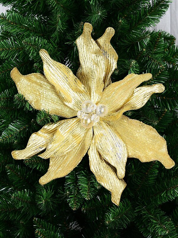 Large Gold Textured & Frosted Poinsettia Flower Christmas Tree Clip Pick | 40cm — image 2