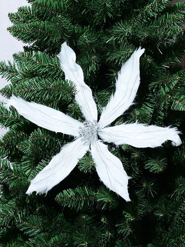 White Faux Fur & Silver Glitter Poinsettia Christmas Tree Clip Pick | 40cm — image 2