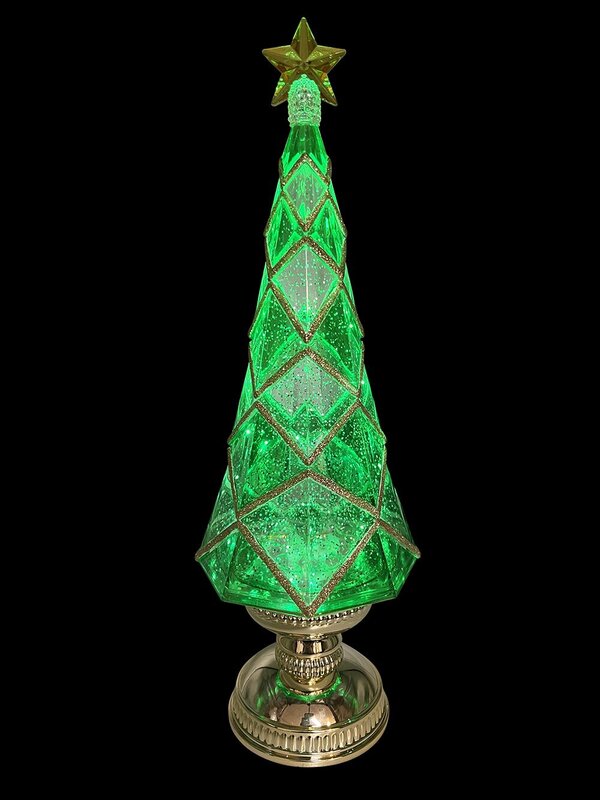41cm Green Stained PVC Christmas Tree With Gold Trim Snow Globe Ornament — image 2