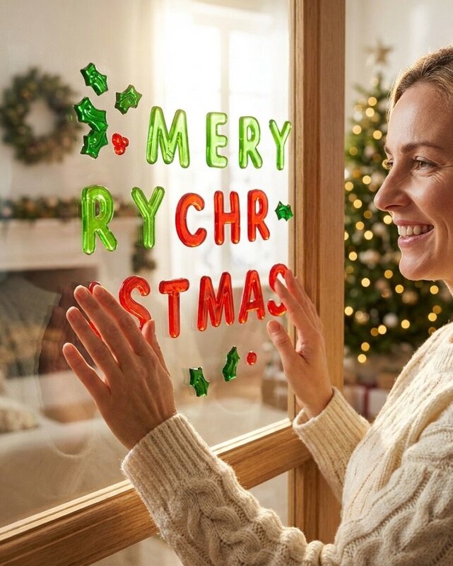 Merry Christmas Holly & Berries Gel Window Cling | 41cm Removable Decal Set — image 2