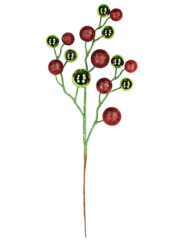 Shiny Lime & Red Glitter Bauble Cluster Long Christmas Stem | 42cm — image 3