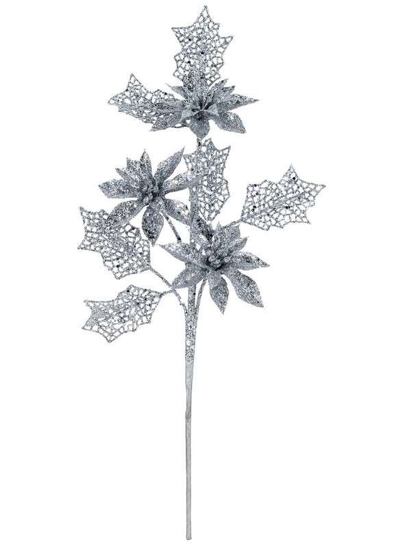 Silver Glitter Poinsettia & Filigree Leaf Spray Long Christmas Stem | 42cm — image 3