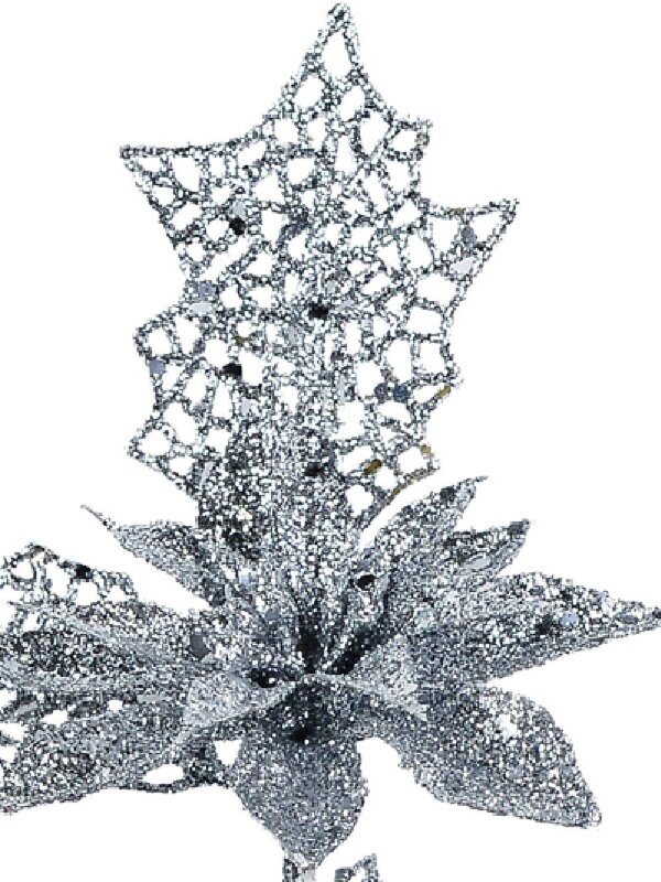 Silver Glitter Poinsettia & Filigree Leaf Spray Long Christmas Stem | 42cm — image 4