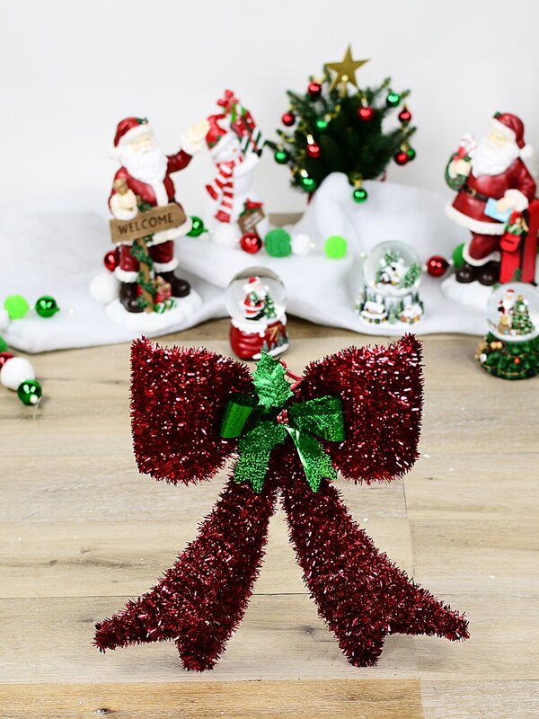 Red & Green Bow With Holly Christmas Tinsel Plaque Ornament | 43cm — image 2