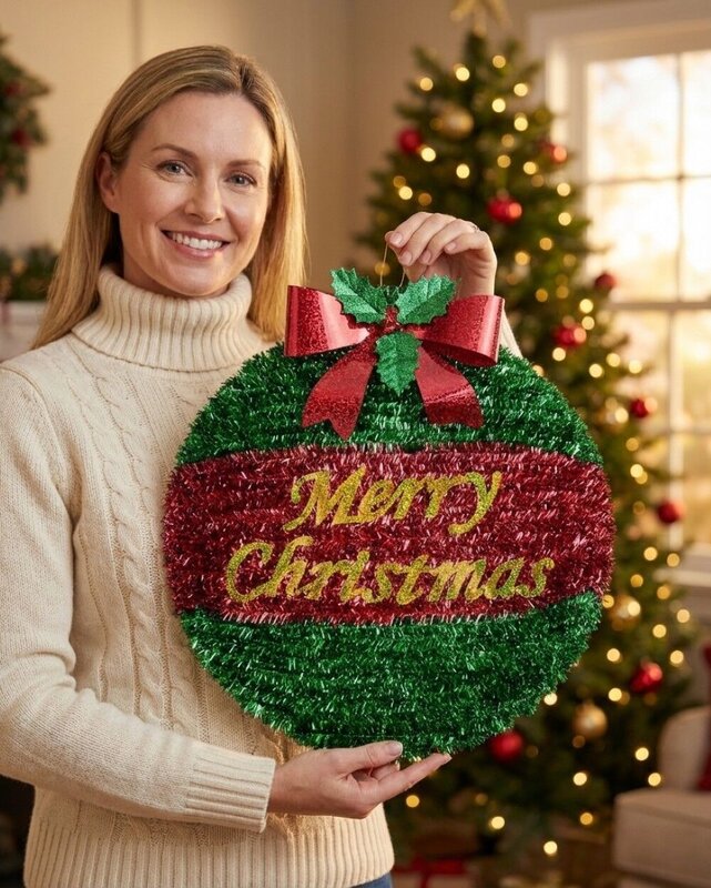 Red & Green Decorated Merry Christmas Bauble Tinsel Plaque Ornament | 43cm — image 3