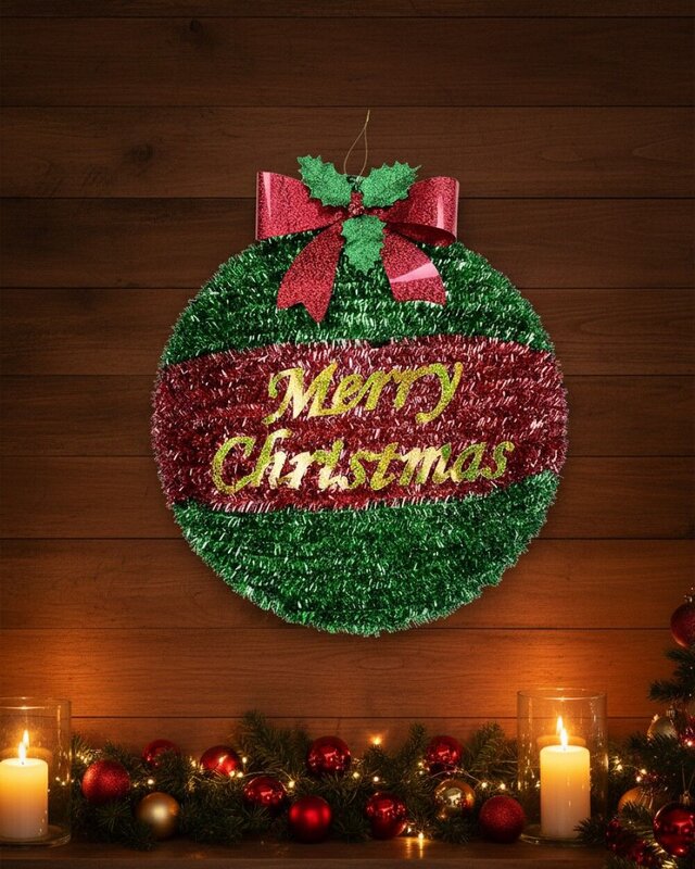Red & Green Decorated Merry Christmas Bauble Tinsel Plaque Ornament | 43cm — image 4