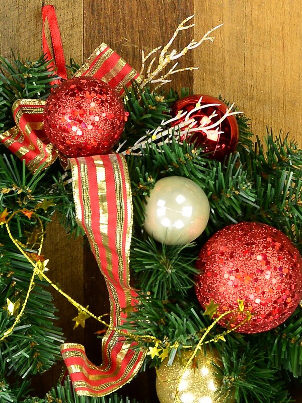44cm Decorated Red & Gold Bauble, Ribbon & Twigs Fir Wreath — image 3