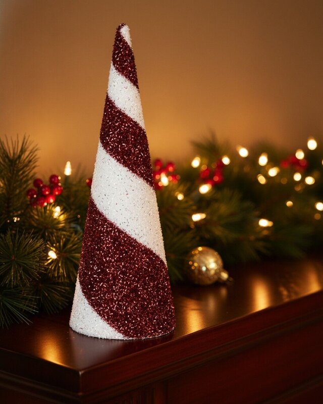 Red & White Swirl Christmas Tabletop Conical Tree Tinsel Plaque | 44cm — image 4