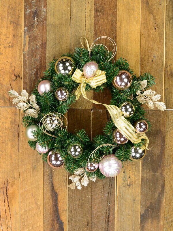 45cm Champagne & Pink Bauble, Holly Leaf & Whisker Loops Fir Wreath — image 2