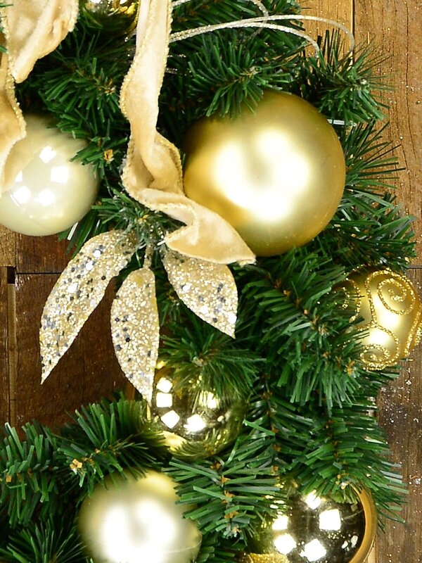 45cm Decorated Gold & Champagne Bauble, Leaf Stem & Bow Fir Wreath — image 3