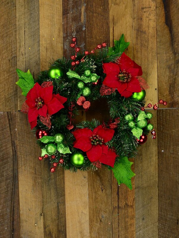 45cm Decorated Spruce Pine Wreath With Poinsettias, Mixed Foliage & Baubles — image 2