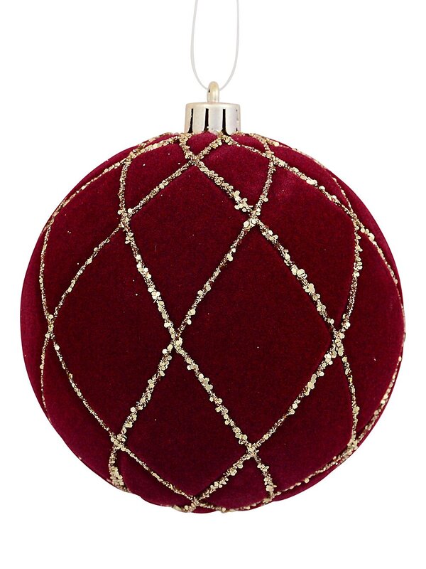 4x 10cm Burgundy Velvet Baubles With Diamond Pattern Gold Sequin Lines — image 3