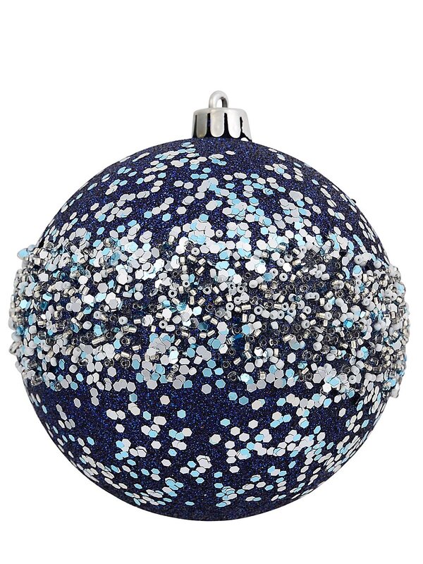 4x 10cm Dark Blue Glitter Baubles With Silver Sequins, Flecks & White Beads — image 2