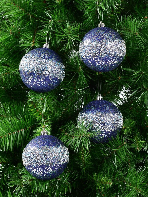 4x 10cm Dark Blue Glitter Baubles With Silver Sequins, Flecks & White Beads — image 3