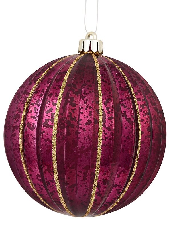 4x 10cm Matte & Shiny Burgundy Baubles With Antique Finish & Glitter Lines — image 3