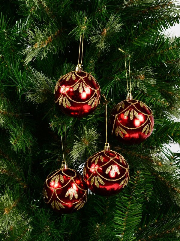 4x 80mm Metallic Red Christmas Baubles With Gold Glitter Ornate Design — image 2