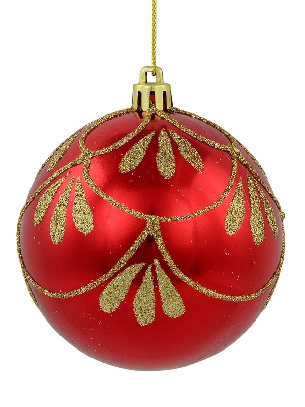 4x 80mm Metallic Red Christmas Baubles With Gold Glitter Ornate Design — image 3