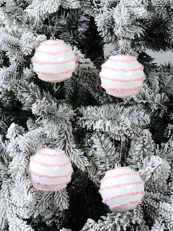 4x Dynamic White & Pink Statement Beaded Stripe Baubles | 80mm — image 2