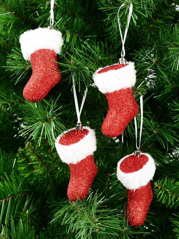 4x Red Glitter Christmas Stocking Whimsical Essential Ornaments | 10cm — image 2