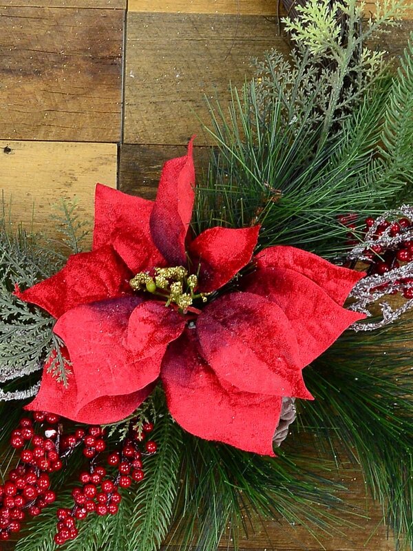50cm Decorated Wire Spun Mixed Pine Wreath With Poinsettia, Berries & Foliage — image 3