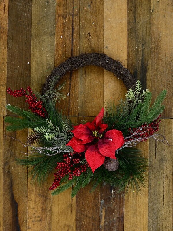 50cm Decorated Wire Spun Mixed Pine Wreath With Poinsettia, Berries & Foliage — image 2