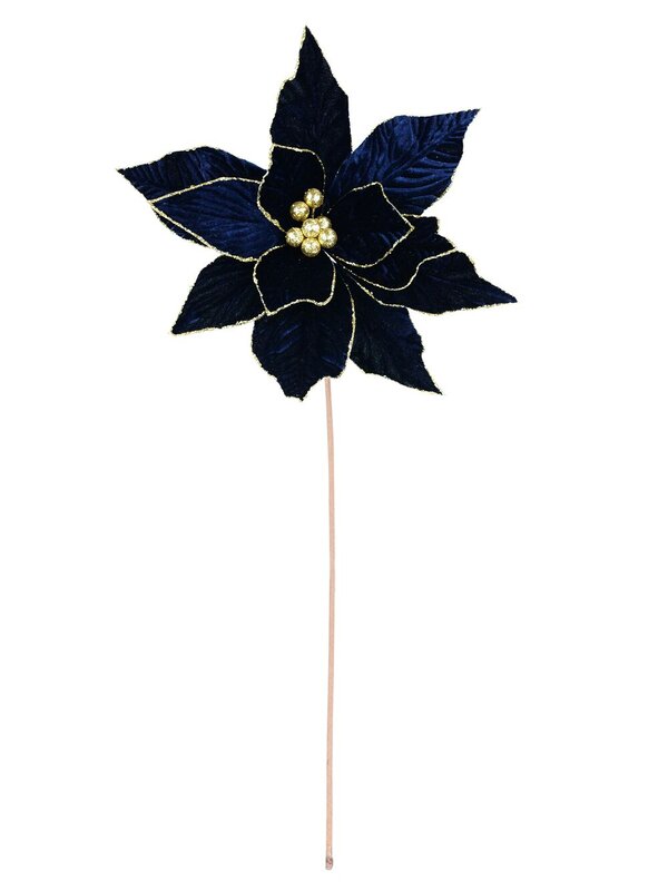 Royal Blue Velvet & Gold Poinsettia Long Christmas Stem | 54cm — image 3