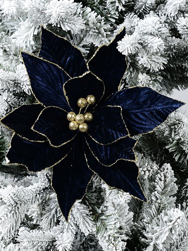 Royal Blue Velvet & Gold Poinsettia Long Christmas Stem | 54cm — image 2