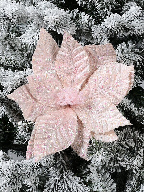 Fairy Floss Pink Poinsettia With Iridescent Sequins Long Christmas Stem | 55cm — image 2