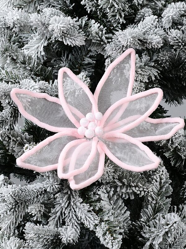 55cm Organza Petal Fairy Floss Pink Poinsettia Long Christmas Stem — image 2