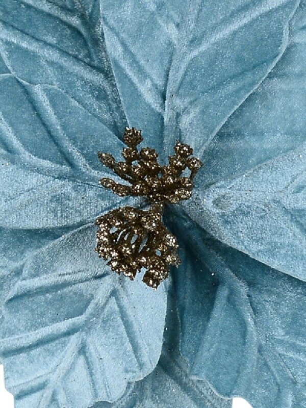 55cm Pale Blue Velvet Poinsettia Flower With Champagne Long Christmas Stem — image 4