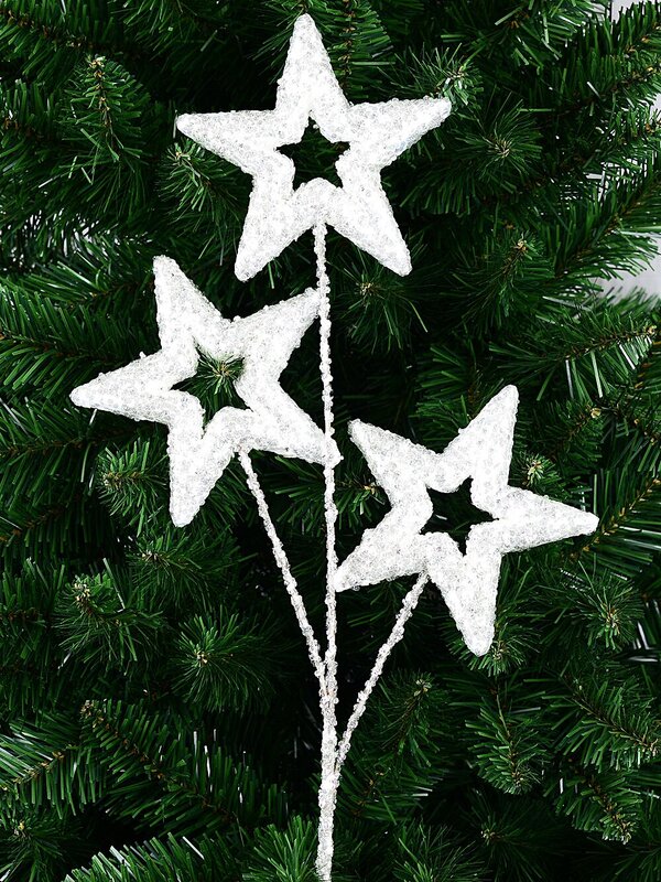 White Stars With Silver Glitter Spray Long Christmas Stem | 57cm — image 3