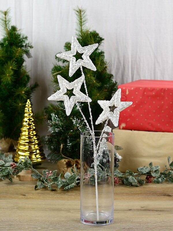 White Stars With Silver Glitter Spray Long Christmas Stem | 57cm — image 2