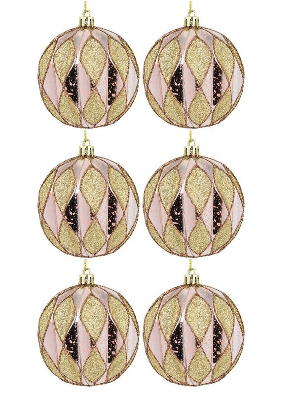 6 x 60cm Light Pink Christmas Baubles With Gold Geometric Textured Pattern — image 2