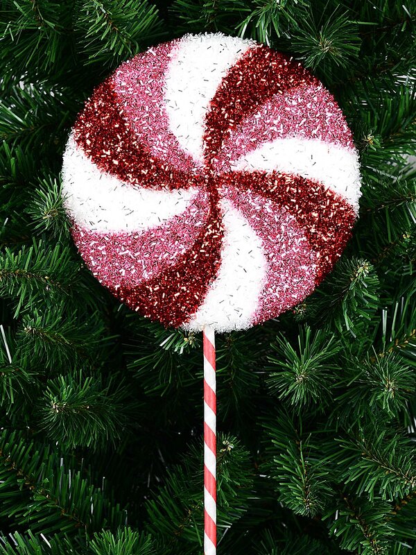 Pink Red & White Tinsel Plaque Candy Swirl Lollipop Long Christmas Stem | 62cm — image 3