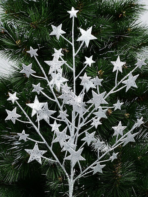 Shiny Silver Glitter & Sequin Stars Spray Long Christmas Stem | 62cm — image 2