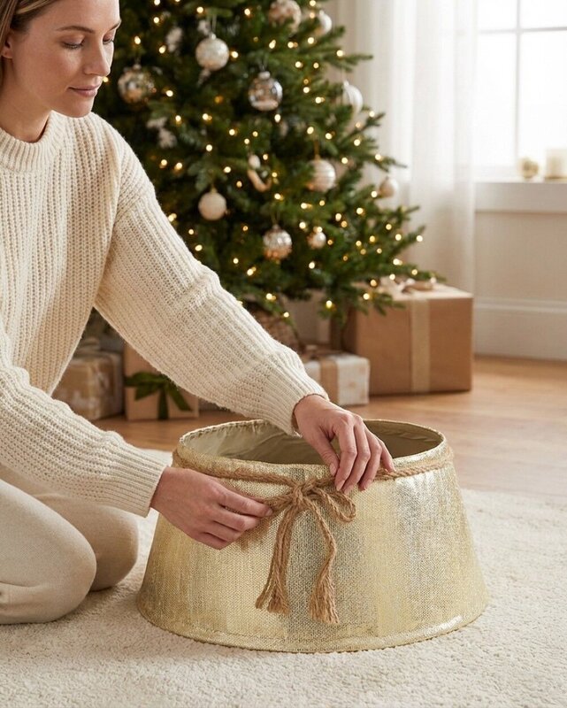 62cm Textured Gold & White Christmas Tree Collar With Rope Bow — image 3