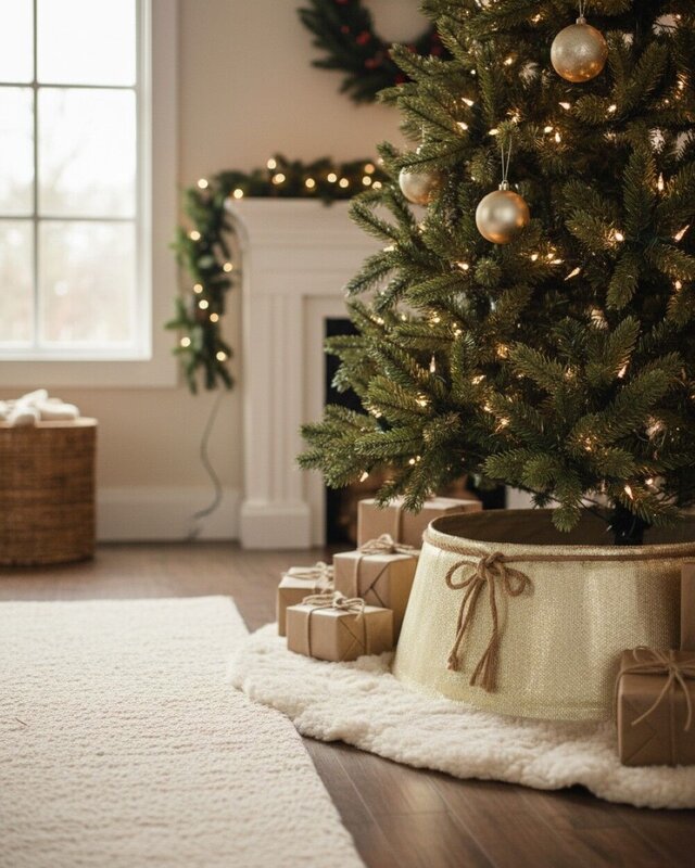 62cm Textured Gold & White Christmas Tree Collar With Rope Bow — image 2