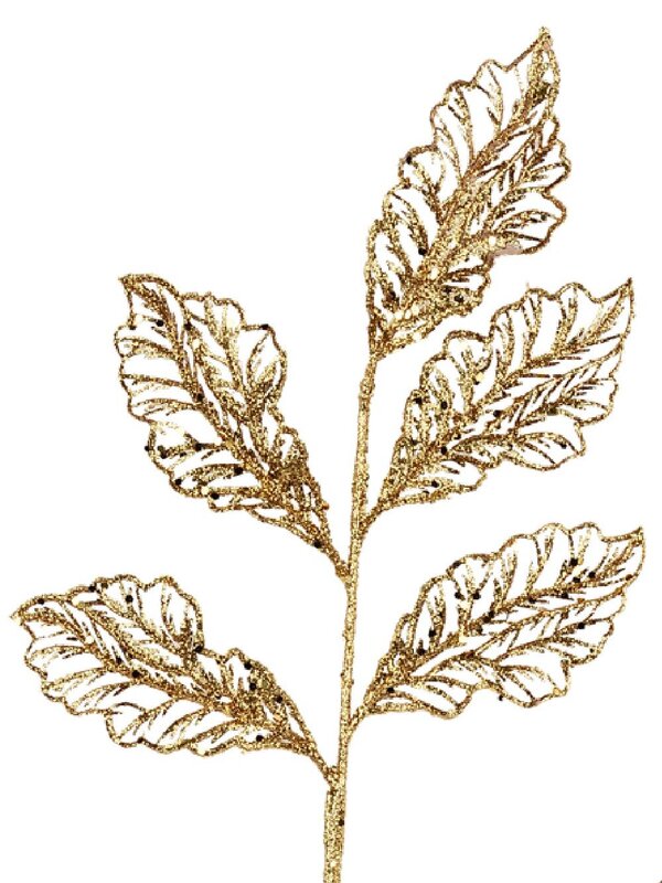 Gold Glitter Filigree Netted Vein Leaves Spray Long Christmas Stem | 66cm — image 4