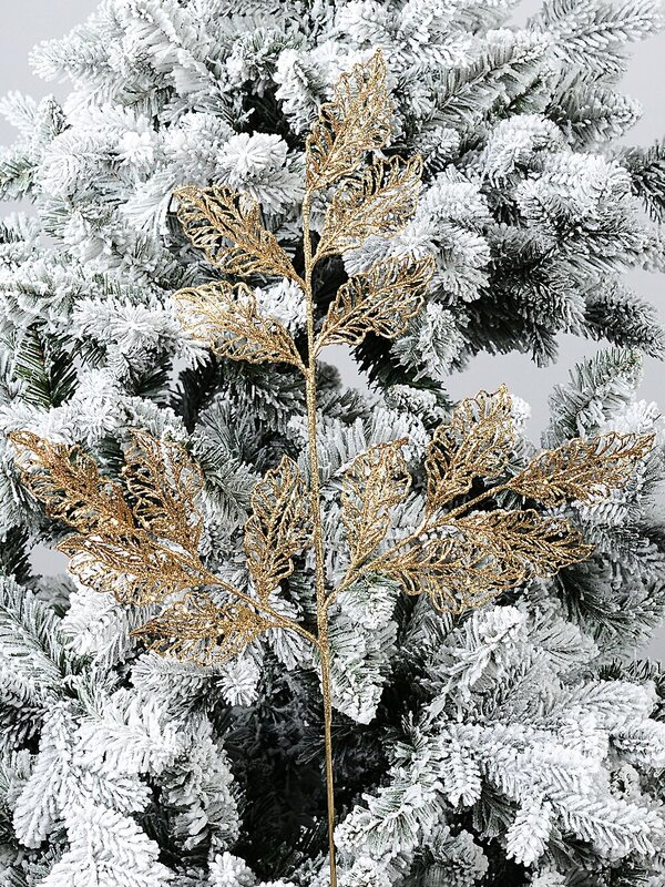 Gold Glitter Filigree Netted Vein Leaves Spray Long Christmas Stem | 66cm — image 2
