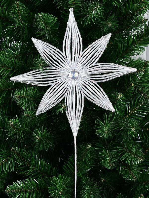 Matte Silver Wire Frame Look Christmas Star With Glitter Long Stem | 67cm — image 3