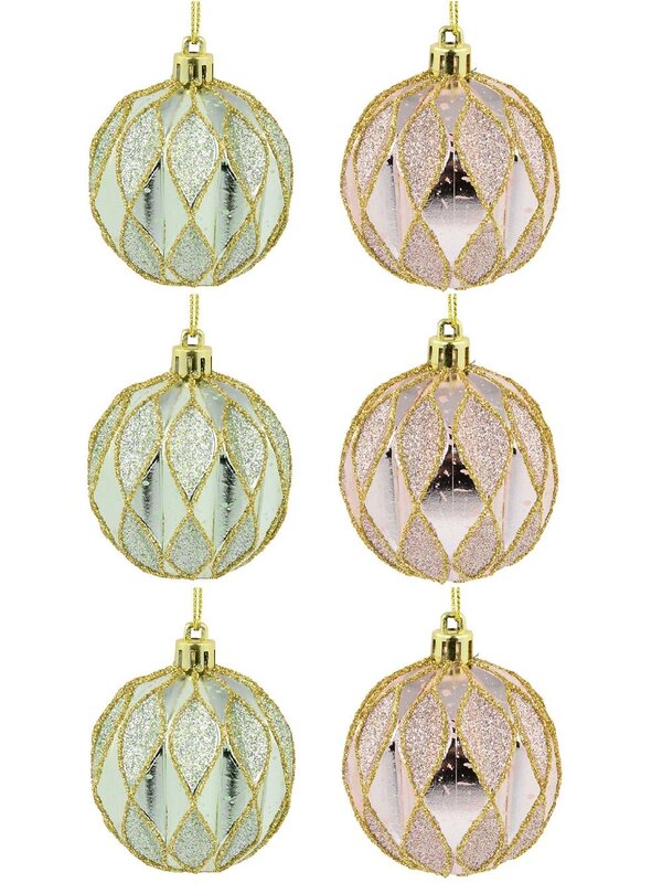 6x 60mm Light Pink & Green Geometric Shiny & Glitter Christmas Baubles — image 3