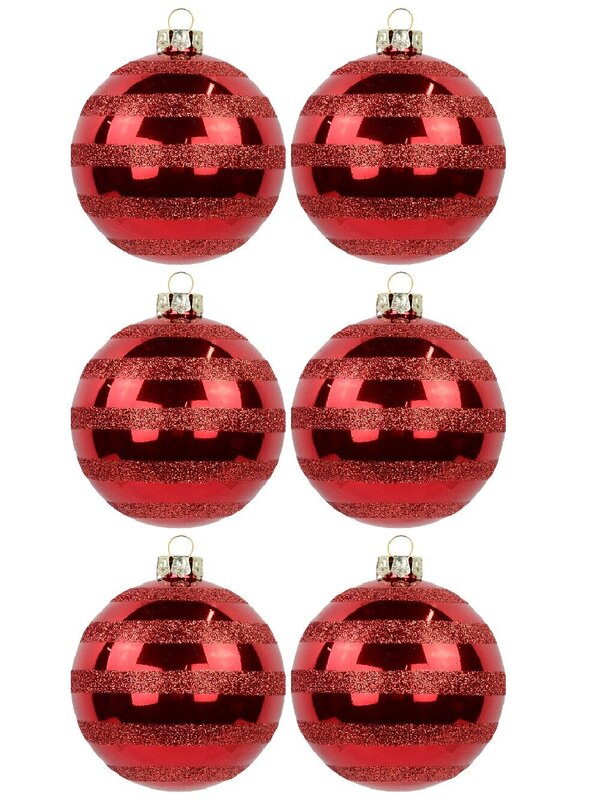 6x 70mm Festive Red Gloss Christmas Baubles With Glitter Stripes — image 2