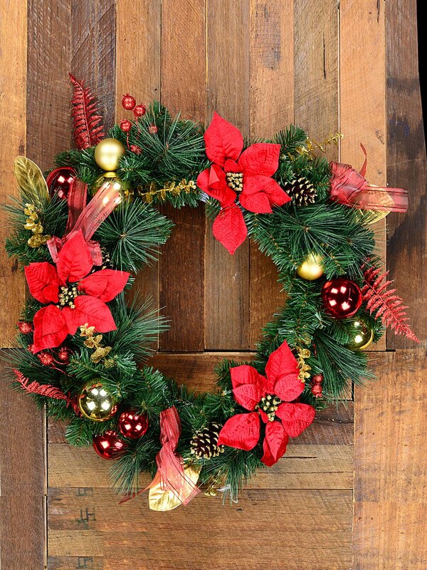 70cm Decorated Wreath With Red & Gold Poinsettias, Baubles, Bows & Foliage — image 2