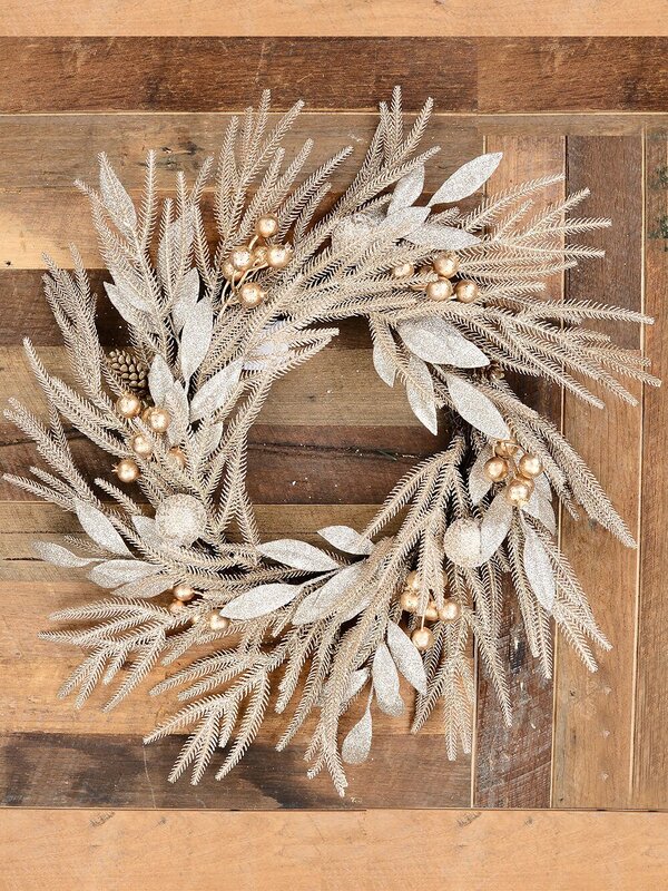 70cm Rose Gold & Champagne Wreath With Mixed Foliage & Baubles — image 2