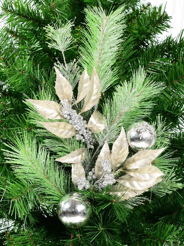 70cm Silver Berries, Glittered Leaves & Baubles Long Pine Christmas Stem — image 2
