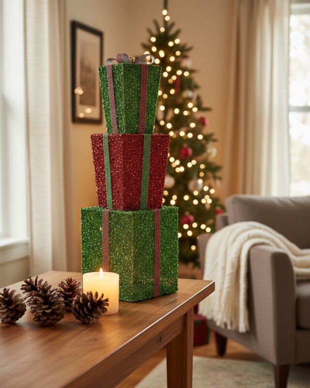 Tiered Green & Red Layered Tinsel Gift Boxes Large Display Decoration | 70cm — image 4
