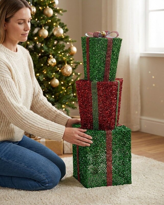 Tiered Green & Red Layered Tinsel Gift Boxes Large Display Decoration | 70cm — image 3