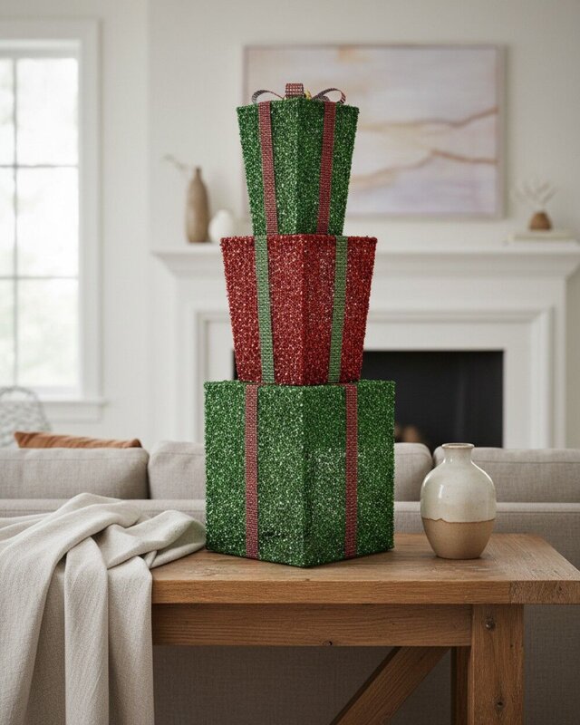 Tiered Green & Red Layered Tinsel Gift Boxes Large Display Decoration | 70cm — image 4