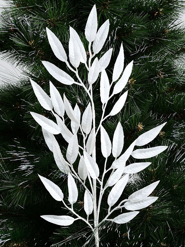 White With Silver Glitter Gum Leaf Look Spray Long Christmas Stem | 76cm — image 2